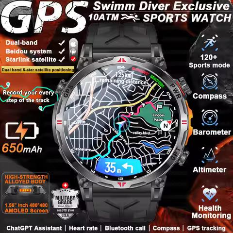 Outdoor Sports Smartwatch Men GPS Positioning 650mAh HD Call 1.56-inch AMOLED Screen Compass 5ATM Wa
