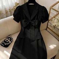Women Summer Black Elegant Autumn Dinner Dress,Blazer Collar Bow Puff Sleeve Waist Cinched Short Dre