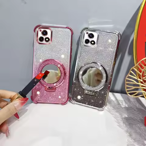 Glitter Four-Corner Shockproof Phone Case with Mirror Stand Beaded Strap For Vivo Y72 Y52s Y31s U3 U