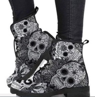 Martin Boots Women Autumn and Winter New British Fashion Woman Tooling Boots Skull and Flower Print High-top Boots Ladies
