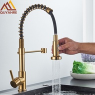 Brushed Gold Kitchen Faucet Pull Down 2-way Spray Single Handle Hot Cold Water Mixer Tap 360 Rotat