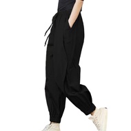 Lady Harem Pants Loose Elastic Waist Solid Color Drawstring Pockets Streetwear Deep Crotch Ankle Ban