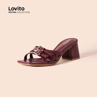 (Lovito Refine) Elegant Plain Metal Buckle Braid Cross Straps Thick Heel And Square Toe Retro Red He