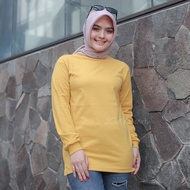 Kaos Polos Kuning Mustard Lengan Panjang Wanita Atasan Jumbo Muslimah