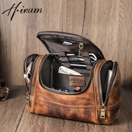 Hiram Men Genuine Leather Retro Travel Toiletry Bag Cosmetic Washing Shower Organizer Handbag Large 
