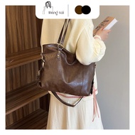 Glossy wrinkled leather crossbody shoulder tote bag with zipper fits A4 - DK111