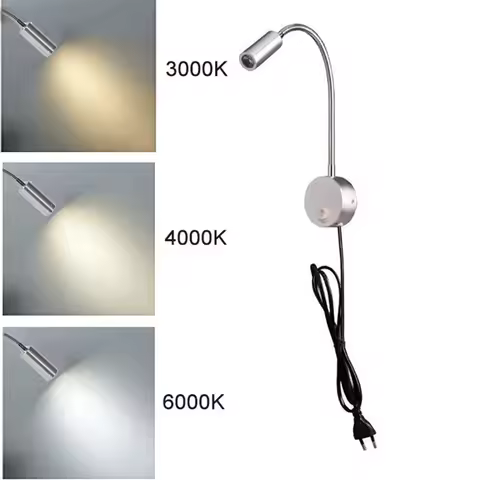 AC100-240V Silver 3W 3000K 4000K 6000K LED Reading Lights with EU USA Plug for Bed Headboard Desk Al