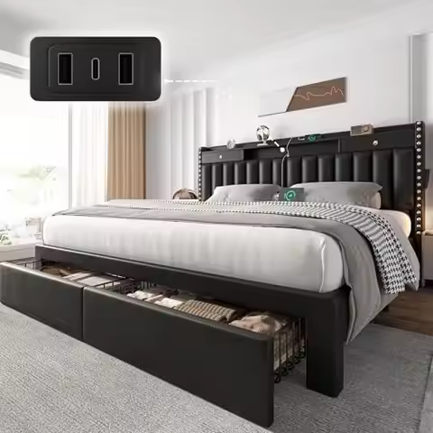 King Size Bed Frame with 2 Tier Storage Headboard, Upholstered King Bed Frame with 4-Storage Drawers