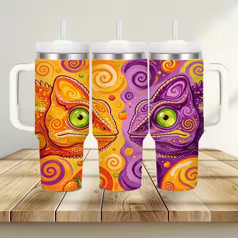 40Oz Insulated Tumbler with Handle, Artistic Chameleon Swirl Print Water Cup, Suitable for All Peopl