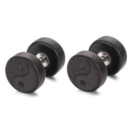 2PCS Vintage Womens Mens Wood Pierced Stainless Steel Yin Yang Fake Gauges Tunnel Round Screw Stud E