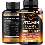Vitamin D3 K2 - Vitamin D3 10000 iu & K2 MK-7 120 mcg - Imun & Mood, & - dengan Magnesium, Zink & Vi