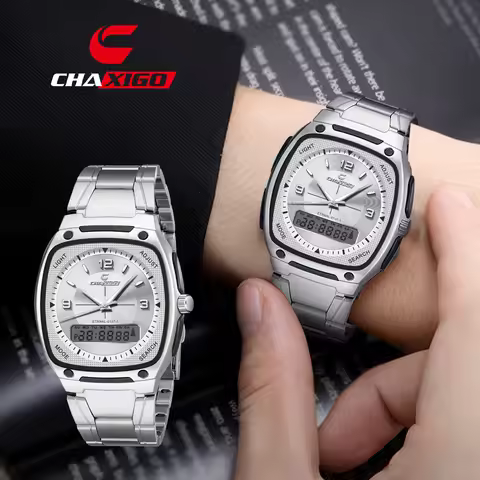CHAXIGO Men's Fashion Business Watch, Dual Display Analog Hands Stainless Steel Strap Luminous Hands