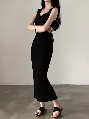 Long Women's Basic Dress in Mesh Korean Fashion Square Collar Sleeveless Summer Casual Dresses Y2K V