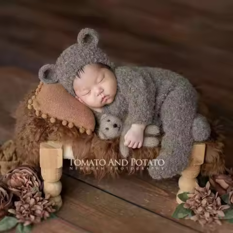 Boucle Knitted Bear Bonnet Romper Set for Baby Photo Prop Newborn Photography Costume Infant Teddy H