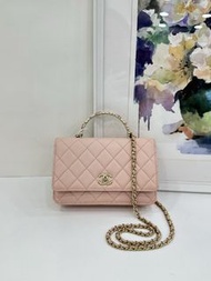 👜Chanel 23K Pink CF bag with handle wallet on chain Micro-chip of year 2023香奈兒 23k 粉色山茶花手柄woc 23年芯片