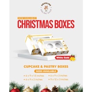 Pack of 5 Cupcake and Pastry Box W/OUT HOLDER 6x9x3 ; 9x12x3 Christmas Box Design: White Gold (WG)