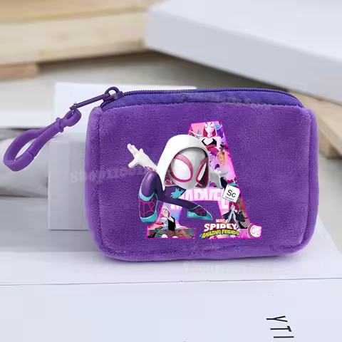 Spiderman Kid Girl Coin Purse Birthday Letter A-Z Gwen Cartoon Movie Print Women Plush Portable Wall
