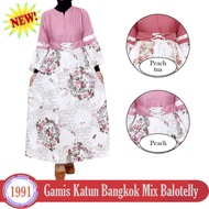 Gamis Katun bangkok terbaru motif bunga kombinasi balotelly polos