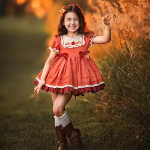 0-12Y Baby Girl Autumn Winter Orange Pumpkin Embroidery Turkish Vintage Spanish Princess Dress for B