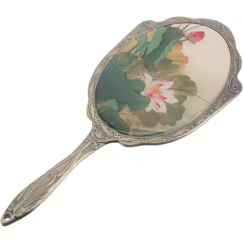 Vintage Handheld Metal Makeup Mirror 18X7.8X0.7cm/7.07X3.07X0.25 Inches Portable Hand Mirror for Wom