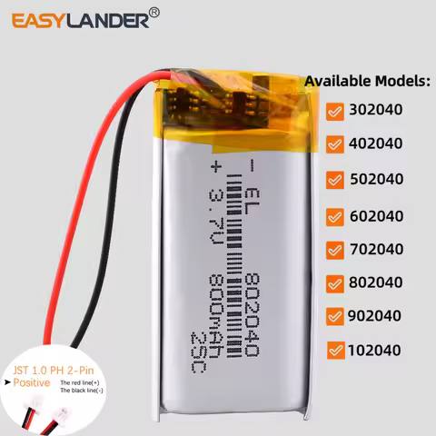 JST1.0mm 2Pin 3.7V 802040 700mAh Lithium Lipo Li-ion Polymer Battery 302040 402040 502040 602040 702