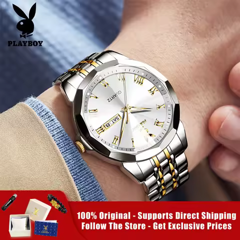 PLAYBOY 3502 Brand original authentic diamond-shaped mirror double calendar stainless steel strap me
