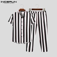 ☬►♙ hnf531 Medussa INCERUN Mens Casual Hippy Party Button Down Striped Shirts Suit Tracksuit(Western Style)