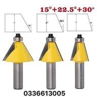 Set of 3 wood milling bits with diagonal angles of 15 degrees, 2.5 degrees, 30 degrees
