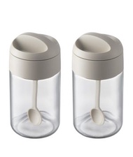 【2件裝】伸縮調味料罐套裝 湯匙蓋一體玻璃香料罐 8.5盎司糖鹽容器 附湯匙廚房檯面收納瓶 適用糖鹽香料醬汁分裝