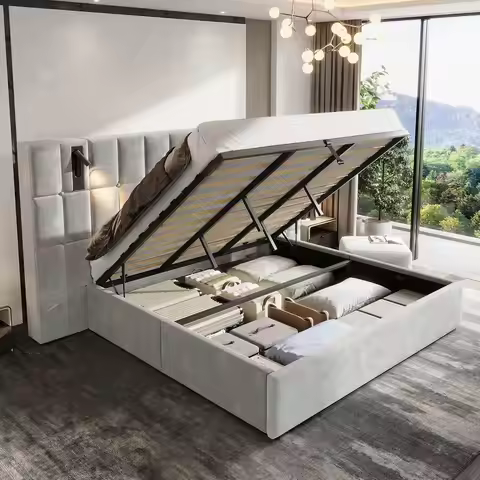 Queen Bed Frame Velvet Upholstered with Lift-Up Storage, Gray | 88.6" widened headboard, 350° adjust