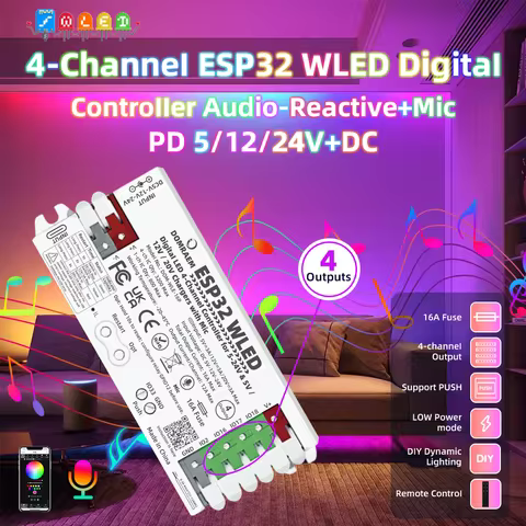 DOMRAEM ESP32 WLED Controller Sound Reactive Mic 4 Output 16A Fuse PD 5V/12V/20V DC 5-24V for WS281X