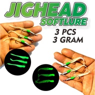 Jighead softlure 3 grams 3 pcs ajing padle casting bait