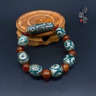 Natural Tibetan Dzi Beads Green Nine-Eyed Dzi Beads Three-Eyed Natural Agate Chalcedony Bracelet Nep