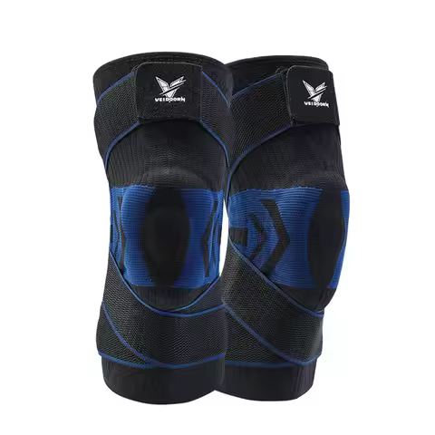 1PC Men Compression Crossfit Rodilleras Elastic Sport Knee Sleeve with Long Straps Black Blue Knee B