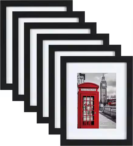 Set of 6 Black Woodgrain Picture Frames, 11x14 with Mat for 8x10 Photos, Wall Mount or Table Display