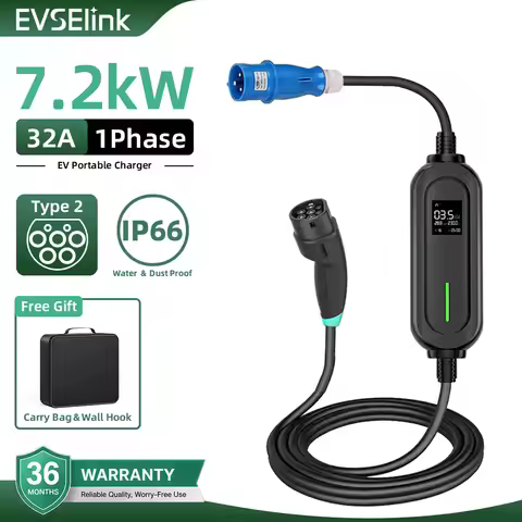 7KW 32A Portable Electric Vehicle Charger 1Phase Type2 EVES Car Fast Charging Box with 5M Cable GBT 