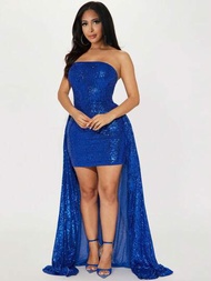 1 Vestido Elegante De Noche Sin Tirantes Con Brillo Y Largo Hasta El Suelo