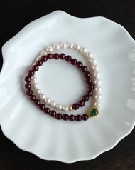 6mm天然原礦石榴石 18K金/純銀鑲嵌天然翡翠葫蘆 設計雙圈手串s