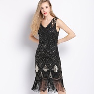 Women 1920s Gatsby Charleston Inspired Sequin Fringe Flapper Dress Beaded Art Deco Dress V-Neck Slee