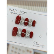 Red nailbox model with stones, Christmas nails, nails CNY Nail box design