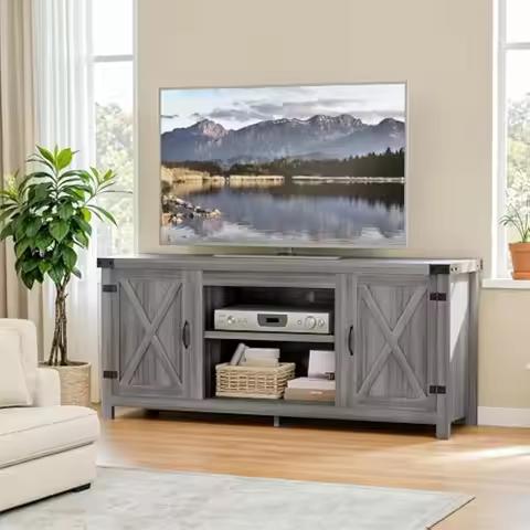 TV Stand with Two Barn Doors and Storage Cabinets for Televisions Up To 65+ Inch,Entertainment Cente