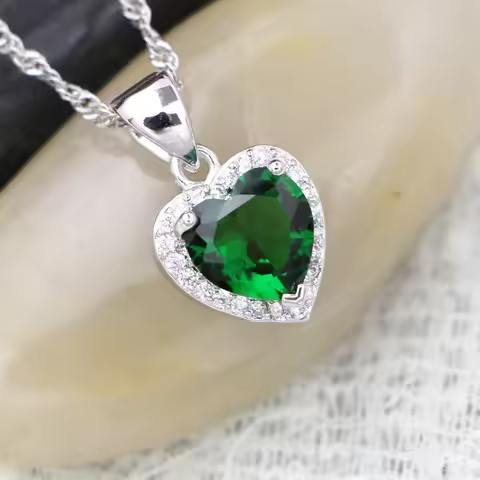 Heart Pendant Necklace Green Cubic Zirconia 925 Silver Jewelry for Women