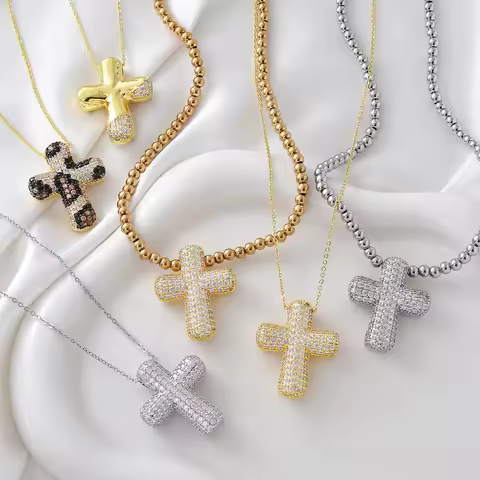 SUNSLL Classic Large Cubic Zirconia Cross Pendant Necklace Unisex Bubble cross Gold/Silver Catholic 