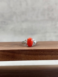 天然珊瑚鑽石戒指 阿卡紅珊瑚 南非鑽 白K金 14K K585