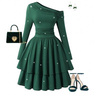 Teen Girls' Dark Green One-Shoulder Long-Sleeve Dress - 14Y Youth Size Glitter Accent Tiered, Stretc