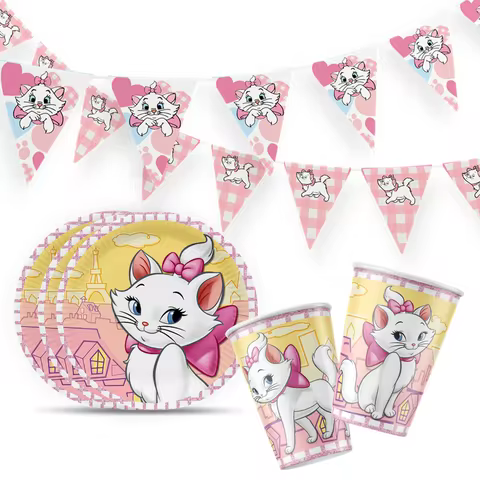Pink Marie Cat Disposable Girl Happy Birthday Party Supplies Foil Balloon Cup Plate Baby Shower Disn