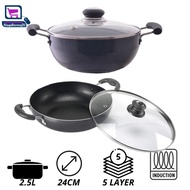 [Induction Base] Indian Premium Deluxe Non Stick Granite Kadai With Glass Lid 5 Layer Pan 2.5L Big P