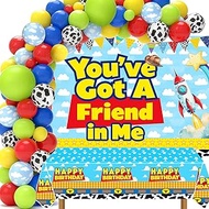 Blue Sky Cartoon Story Birthday Balloons Arch You've Got A Friend in Me Backdrop and Table Cloth for