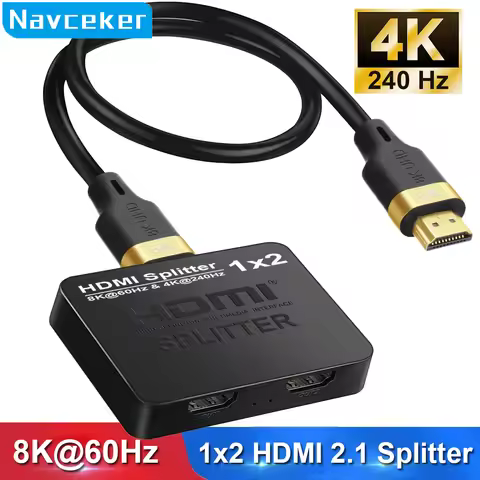 Navceker 1x2 4K 240Hz HDMI Splitter 8K 1 Input 2 Output HDMI 2.1 Bypass Distributor Box for Two Scre