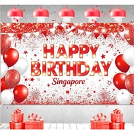 Red and White Birthday Banner Singapore National Day Party Backdrop for Singapore 61th Happy Birthda